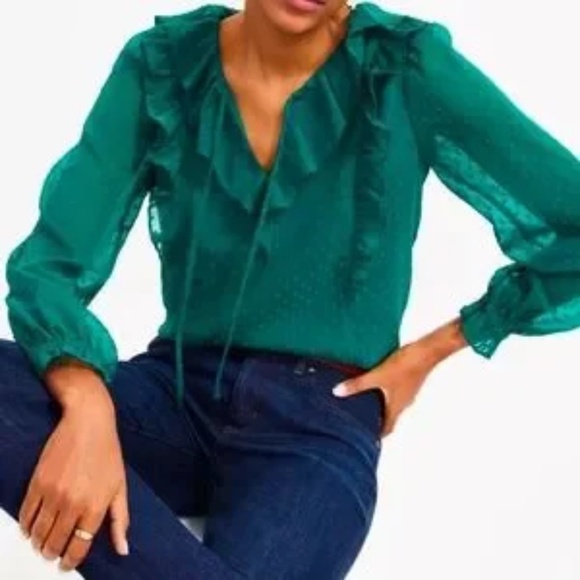 Loft Swiss Dot Ruffle Tie Neck Blouse Size XSP emerald green New - Picture 1 of 7